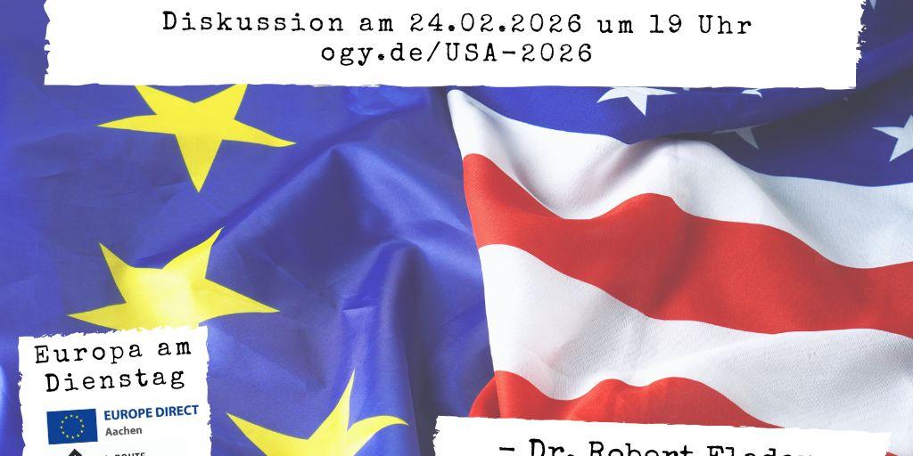 Veranstaltungsbild: EU und USA: getrennte Wege oder gemeinsame Ziele? Im Hintergrund die Flaggen der Europäischen Union und der USA.
