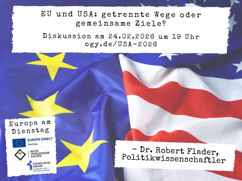 Veranstaltungsbild: EU und USA: getrennte Wege oder gemeinsame Ziele? Im Hintergrund die Flaggen der Europäischen Union und der USA.