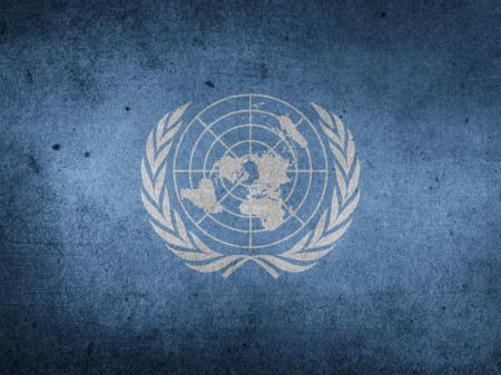 Logo der Vereinten Nationen: Weltkugel, gerahmt von stilisierten Lorbeerzweigen