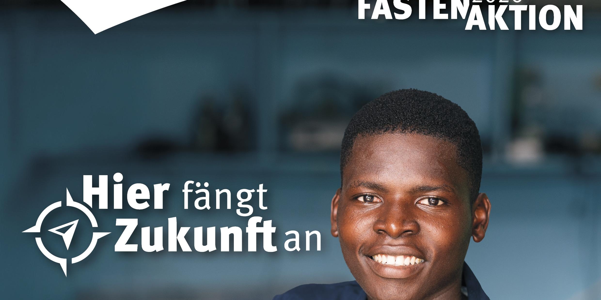 Ein Plakatausschnitt, ein junger Mensch aus Kamerun blickt daraus entgegen.