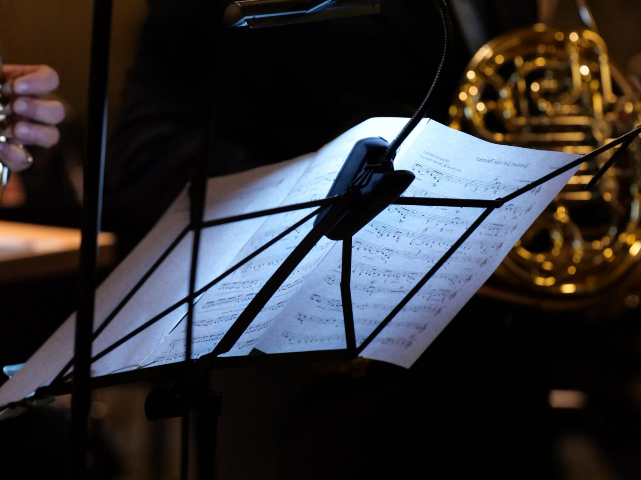 Notenständer, auf dem Notenblätter liegen, von hinten fotografiert, dahinter im Ausschnitt zwei Musiker mit ihren  Blasinstrumenten.