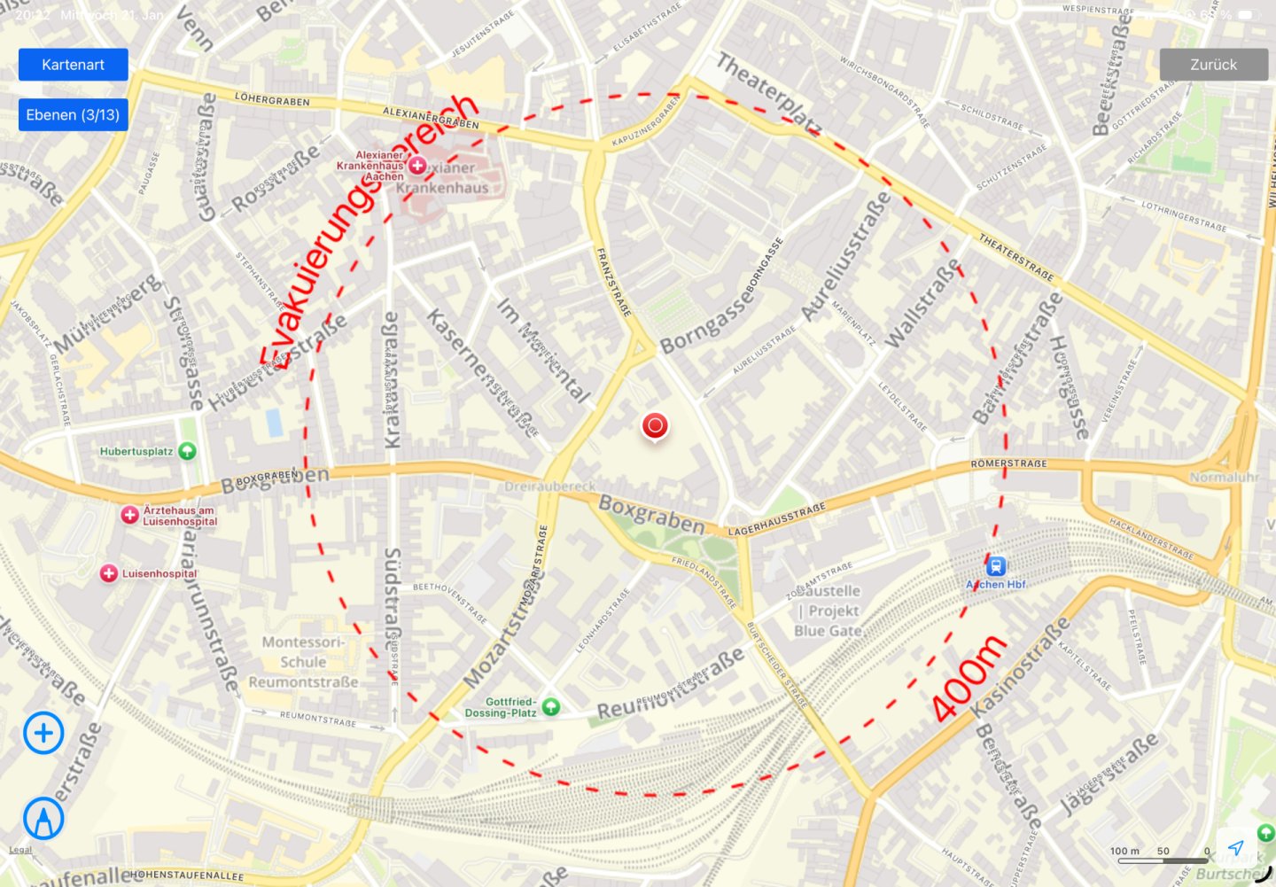 Karte der Innenstadt von Aachen mit einem Radius von 400 Metern, in dessen Bereich die Menschen evakuiert werden müssen.