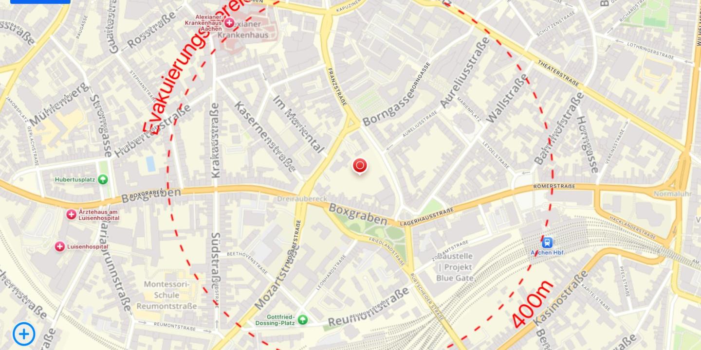 Karte der Innenstadt von Aachen mit einem Radius von 400 Metern, in dessen Bereich die Menschen evakuiert werden müssen.