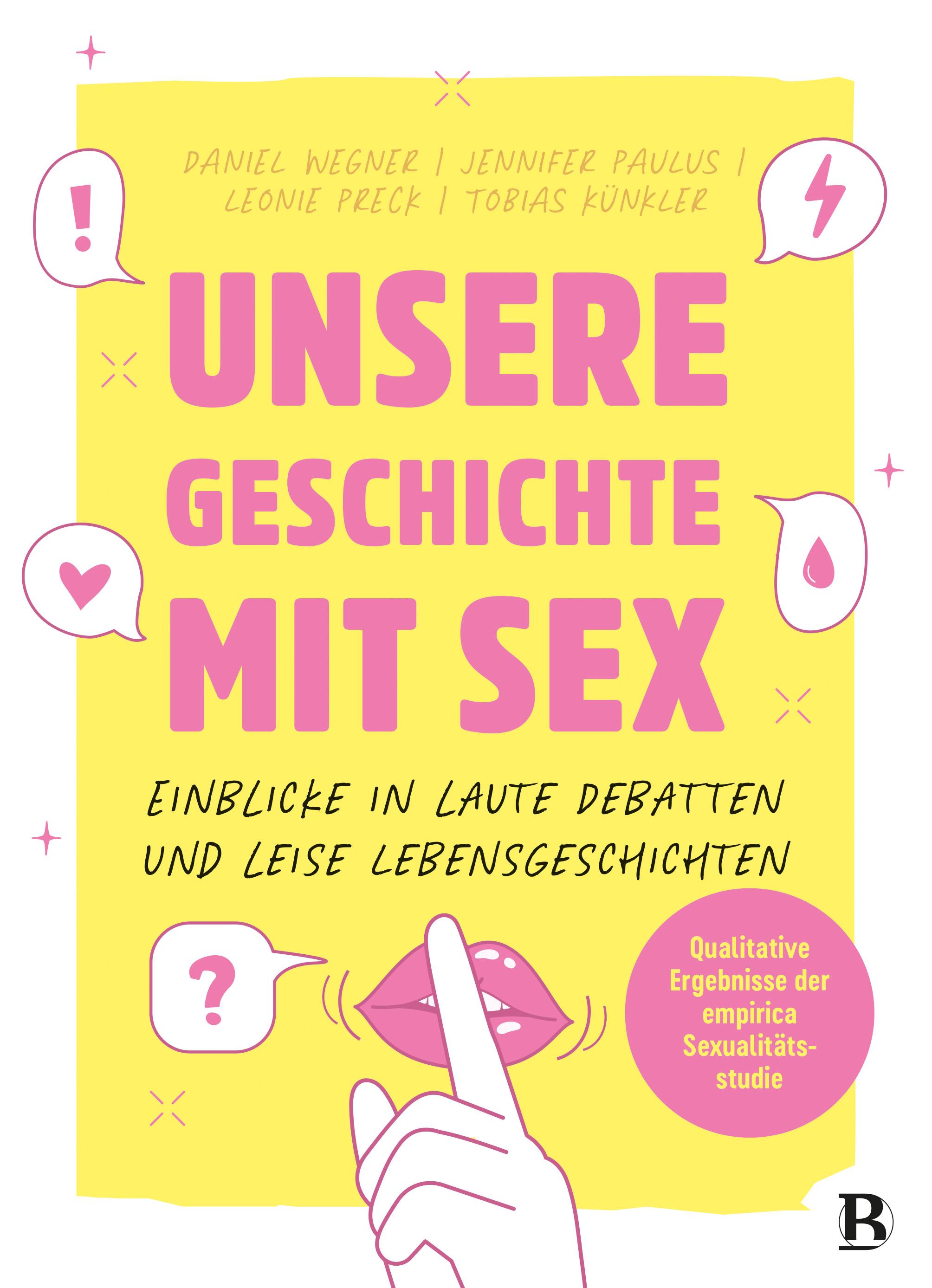 Buchcover: Daniel Wegner/Jennifer Paulus/Leonie Preck/Tobias Künkler, Unsere Geschichte mit Sex. Der Titel steht groß darauf, unten mittig ein Mund, den ein Zeigefinger verdeckt, um ein Geheimnis anzudeuten.