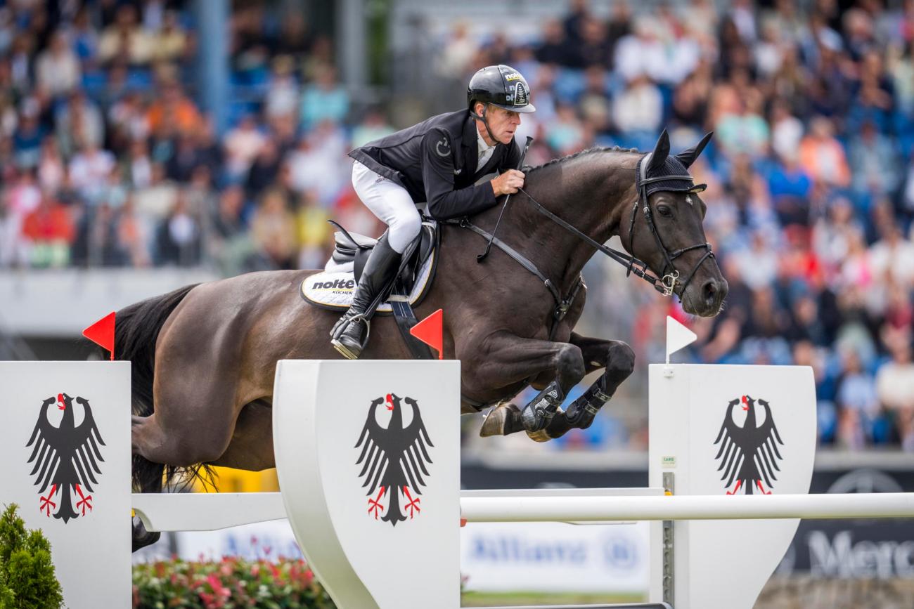 (c) CHIO Aachen Springreiter auf dem Pferd springt über ein Hindernis auf dem Parcours.
