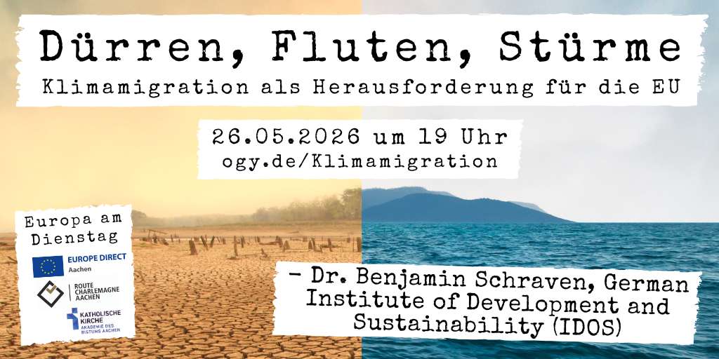 Einladungsbild zu einer Veranstaltung zum Thema Klimamigration mit der Überschrift 'Dürren, Fluten, Stürme', links eine Wüstenlandschaft im Hintergrund, rechts Wasserlandschaft.