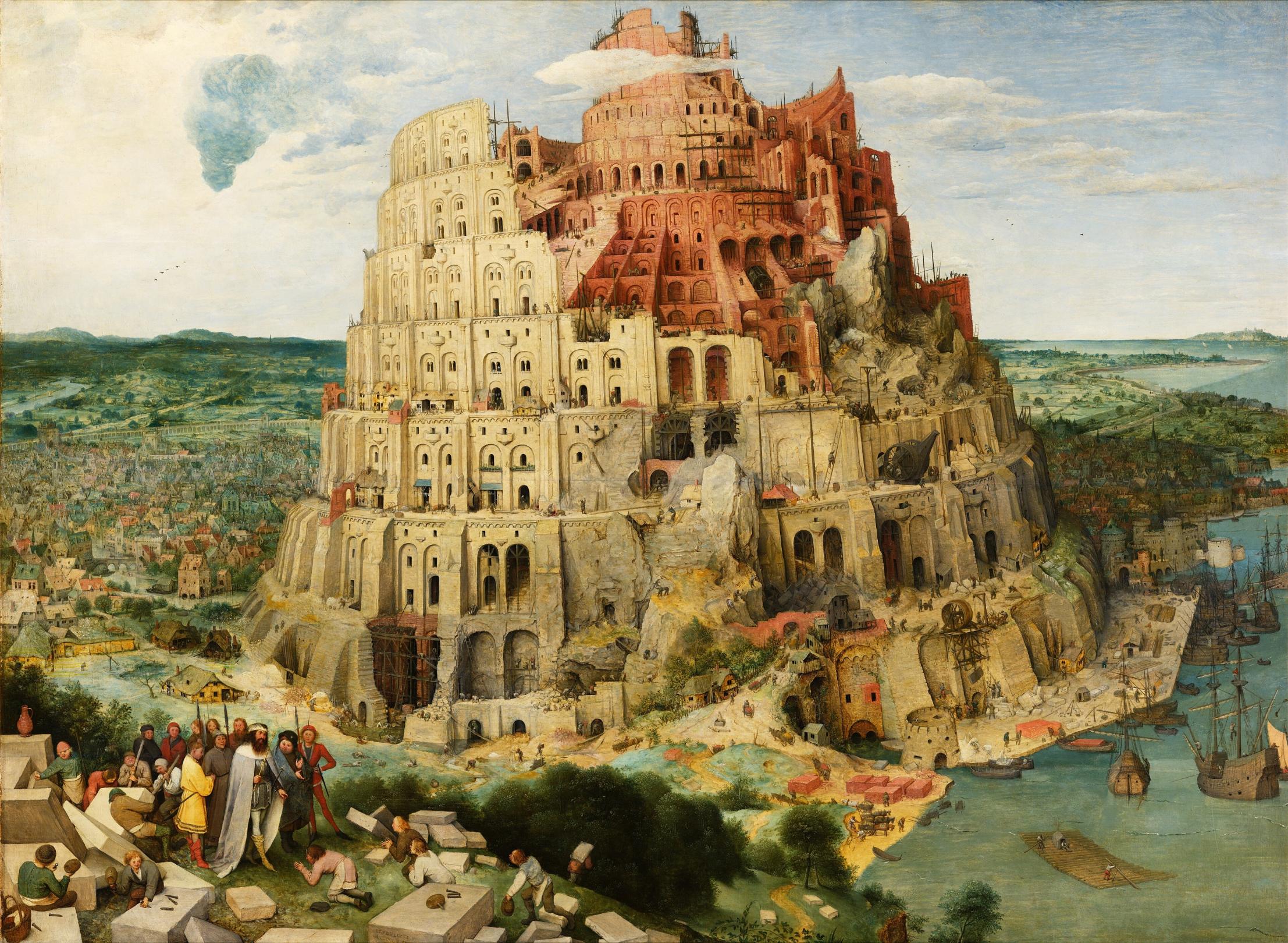 Gemälde, Öl auf Eichenholz, Der Turmbau zu Babel aus dem Jahr 1563.