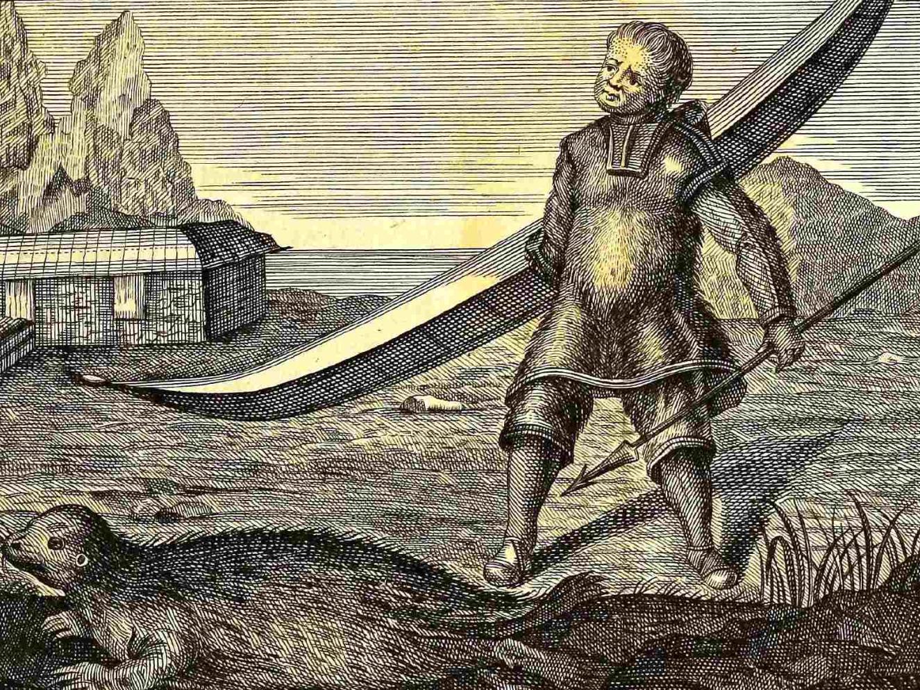 Holzstich, ein Inuk steht mit Ausrüstung am grönländischen Ufer, vor ihm liegt ein Seehund.