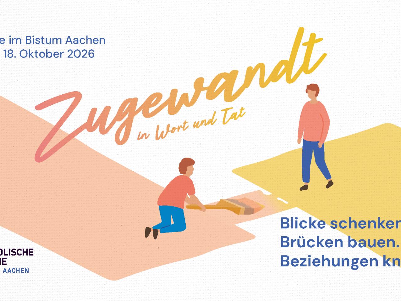 Gezeichnetes Bild, angelehnt an das Gleichnis vom barmherzigen Samariter, zwei Menschen auf unterschiedlichen Farbflächen, einer davon malt gerade in der eigenen Farbe einen Verbindungsweg zum anderen, darüber das Motto der Bibeltage: 'Zugewandt in Wort und Tat'.