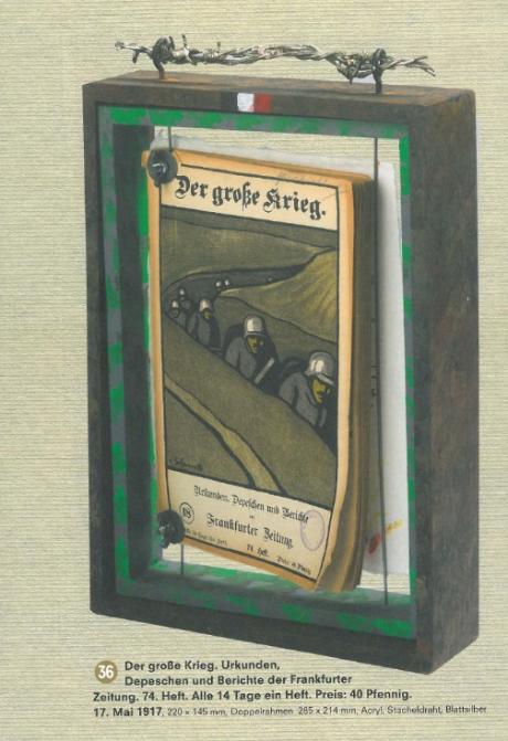 Bilderrahmen mit Stacheldraht an der oberen Seite, darin eine Zeitungsseite mit der Schlagzeile 'Der große Krieg'