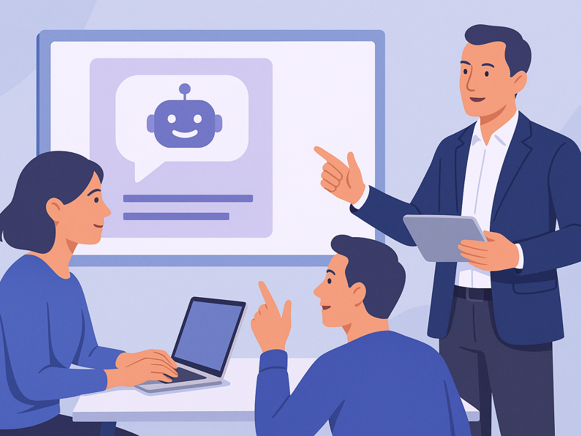 Bild im Stil einer Zeichnung: drei Personen, zwei sitzen an einem Tisch vor einem Bildschirm, eine Person steht davor, der Bildschirm zeigt ein Symbol für Künstliche Intelligenz