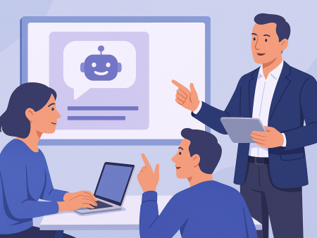 Führungskräfte und KI (KI-generiertes Bild) (c) DALL-E Bild im Stil einer Zeichnung: drei Personen, zwei sitzen an einem Tisch vor einem Bildschirm, eine Person steht davor, der Bildschirm zeigt ein Symbol für Künstliche Intelligenz