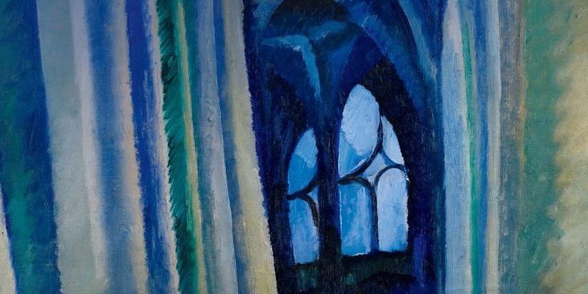 Gemalte Kirche mit Fensterbogen, es ist das Cover des Krimis 'Der Schatten hinter dem Schatten' von Gregor Maria Hoff.