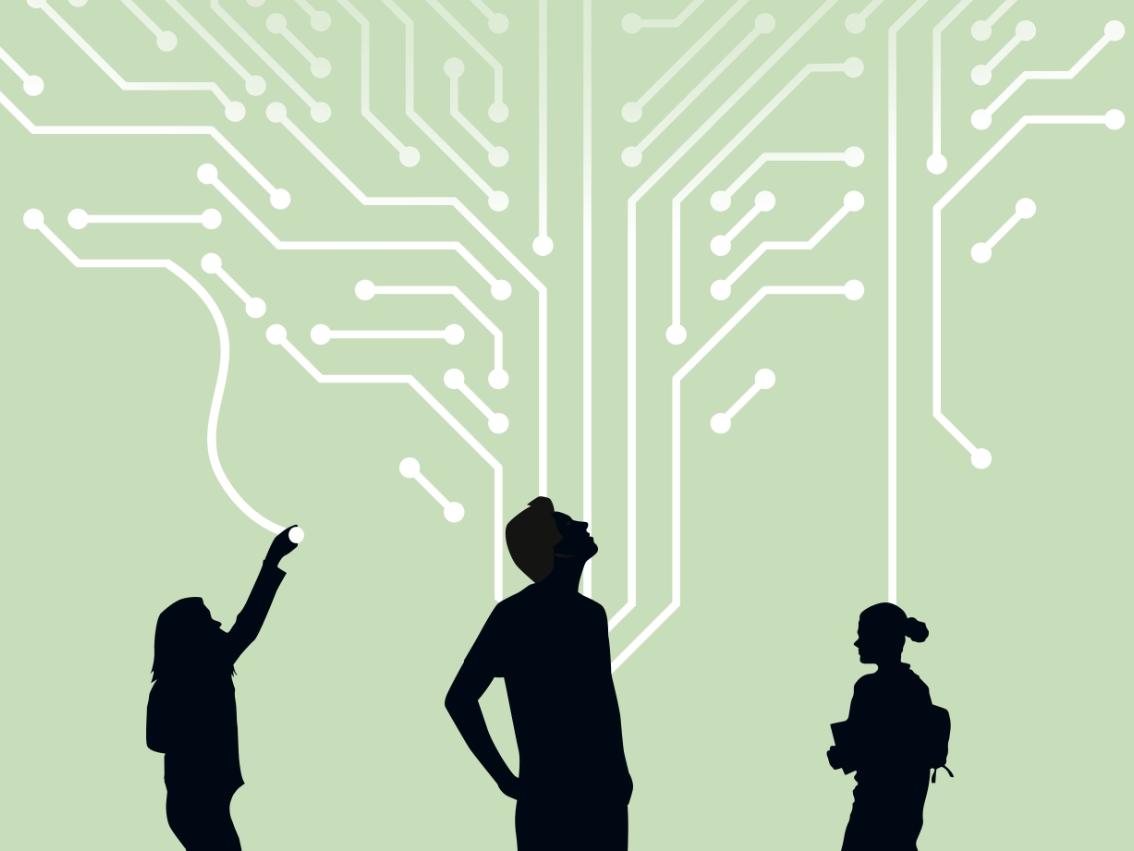Drei Menschen, dargestellt in Silhouetten, schauen und zeigen zu einem gezeichneten Netzwerk. Es ist ein Ausschnitt aus dem Buchcover von Christian Uhle.
