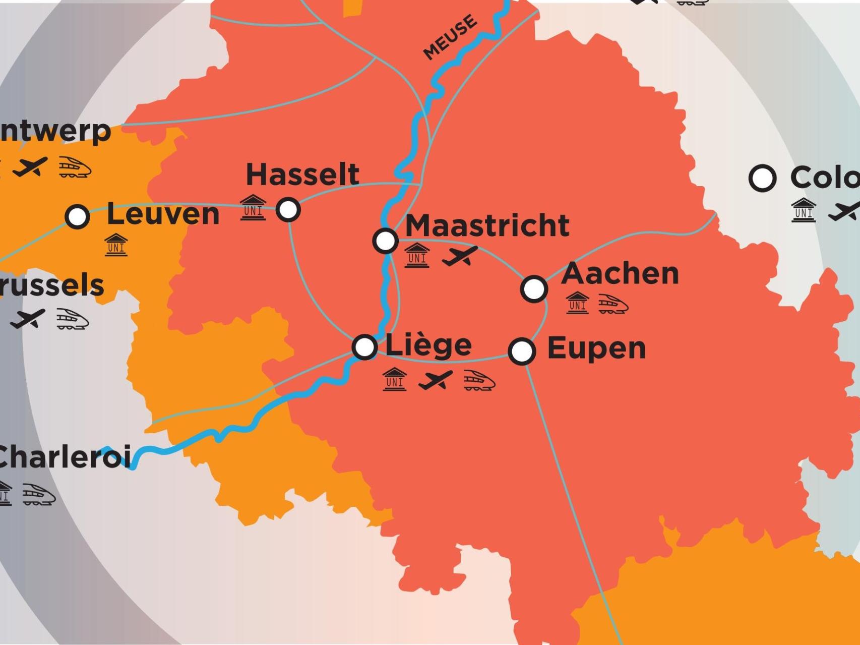 Landkarte der Euregio Maas-Rhein zwischen Antwerpen (Nordwesten), Charleroi (Südwesten) und Köln (Osten).