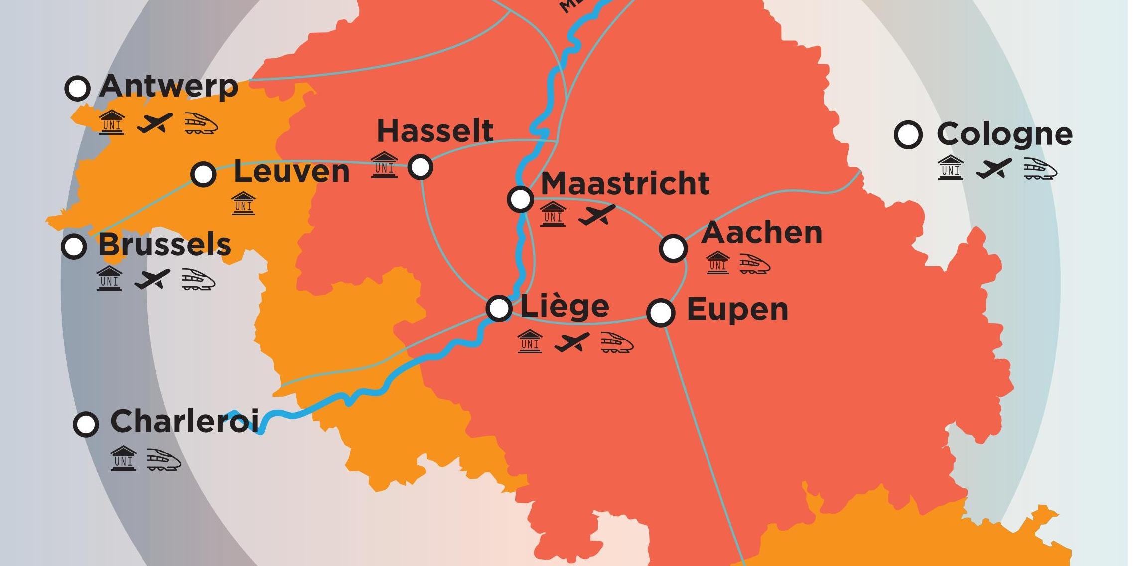 Landkarte der Euregio Maas-Rhein zwischen Antwerpen (Nordwesten), Charleroi (Südwesten) und Köln (Osten).