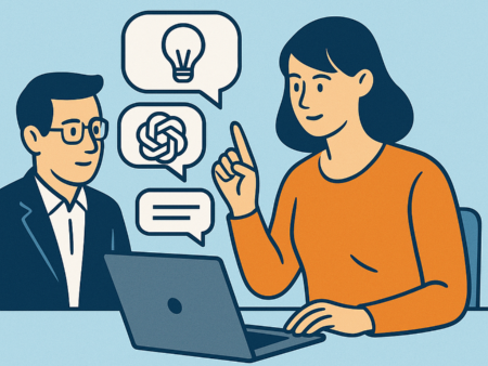 How To use ChatGPT (c) ChatGPT Gezeichnetes Bild, eine Frau erklärt einem Mann anhand von Sprechblasen (Glühbirne, GPT-Knäuel, Text), wie er künstliche Intelligenz benutzt.