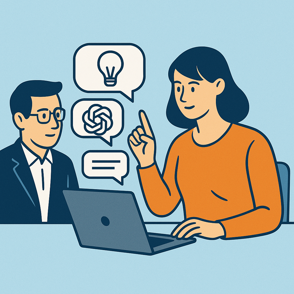 Gezeichnetes Bild, eine Frau erklärt einem Mann anhand von Sprechblasen (Glühbirne, GPT-Knäuel, Text), wie er künstliche Intelligenz benutzt.