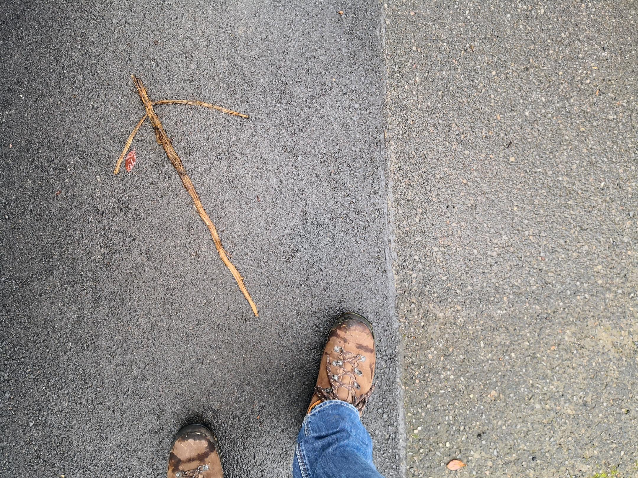Blick von oben auf zwei Füße mit Wanderschuhen in Schrittstellung, sie folgen einem Pfels