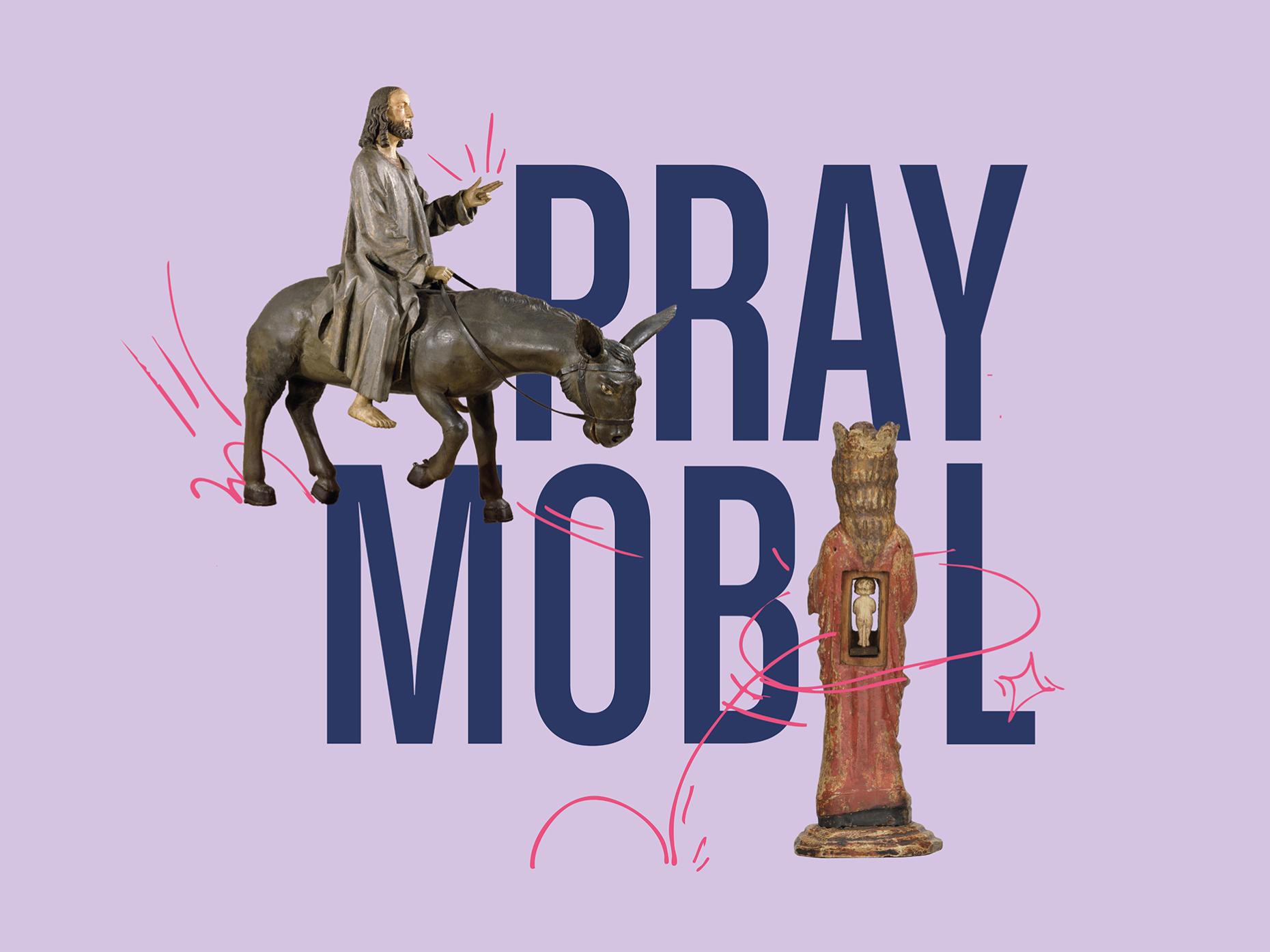 Schriftzug 'Praymobil', das ist der Titel einer Kunstausstellung im Suermondt Ludwig Museum in Aachen, mit zwei Kunstwerken, die hinzugesetzt sind: das eine zeigt Jesus, der auf einem Esel reitet, das andere eine schwangere Maria