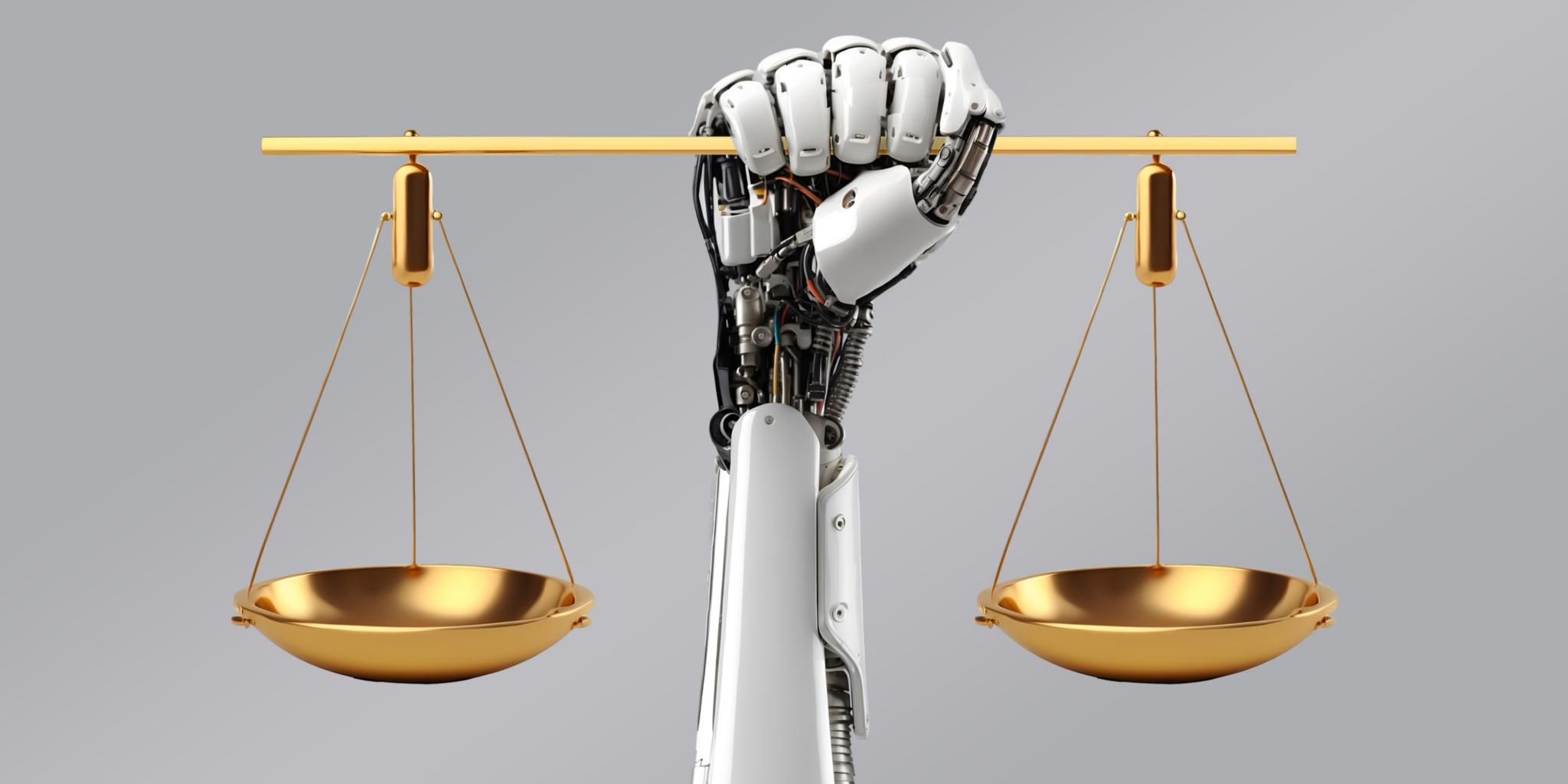 Eine Roboterhand hält eine Waage mit zwei Waagschalen auf gleicher Höhe.