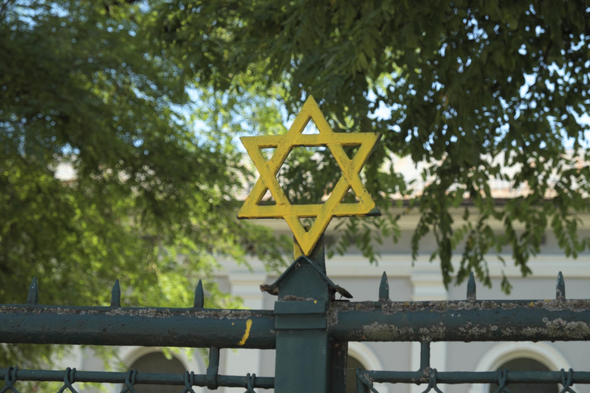 Davidsstern, sechseckig, am Zaun einer Synagoge