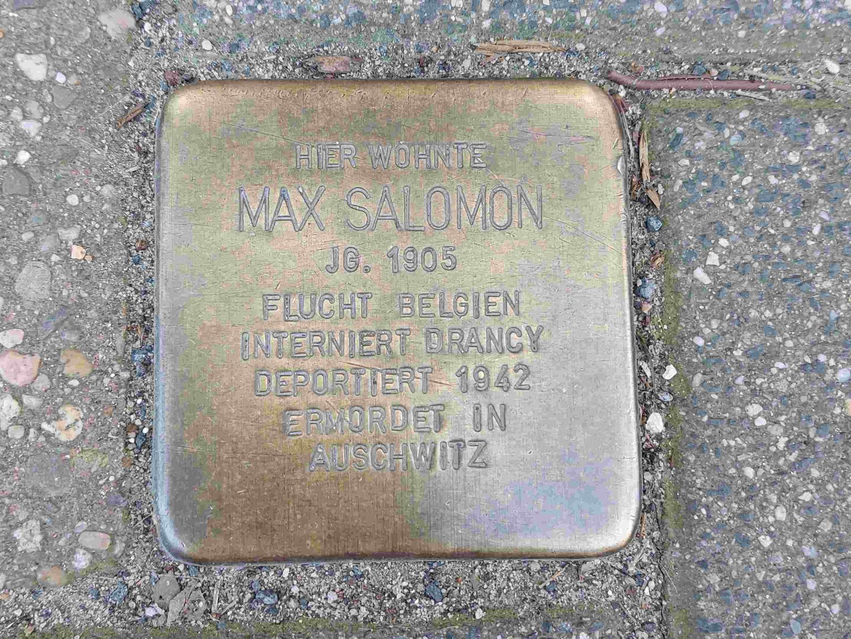 Stolperstein für Max Salomon, Aufschrift: Jahrgang 1905, Flucht Belgien, interniert Drancy, deportiert 1942, ermordet in Auschwitz