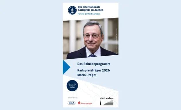 Foto des Politikers und Wissenschaftlers Mario Draghi auf der Titelseite des Programmhefts zum Rahmenprogramm der Preisverleihung 2026
