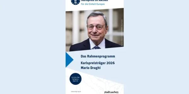 Foto des Politikers und Wissenschaftlers Mario Draghi auf der Titelseite des Programmhefts zum Rahmenprogramm der Preisverleihung 2026