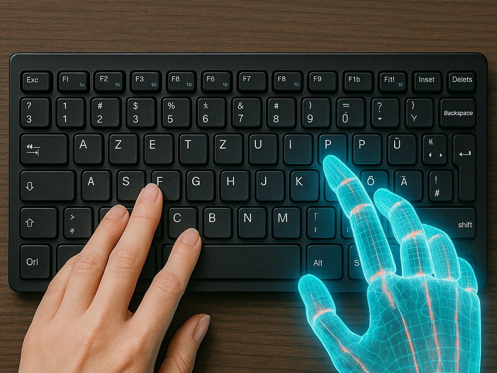Eine Laptoptastatur wird von zwei Händen bedient, links eine Menschenhand, rechts eine Roboterhand.