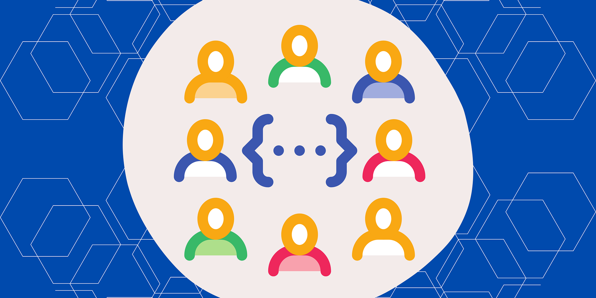 Menschen, stilisiert gezeichnet, in der Mitte eine Klammer mit drei Pünktchen wie eine Sprechblase.