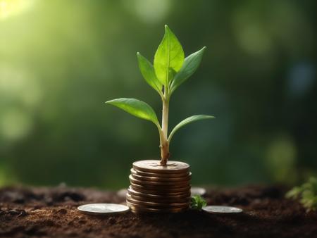 Eine junge Pflanze wächst wie aus einem Stapel Münzen heraus.