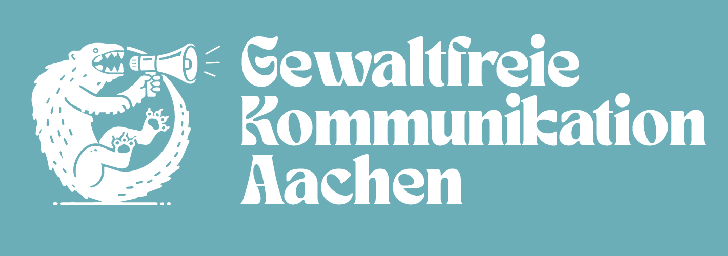 Logo von Gewaltfreie Kommunikation Aachen, links im Logo ist das Bild des Aachener Bahkauvs (legendäres Untier in der Aachener Innenstadt). Es hat ein Megaphon in der Tatze und brüllt.