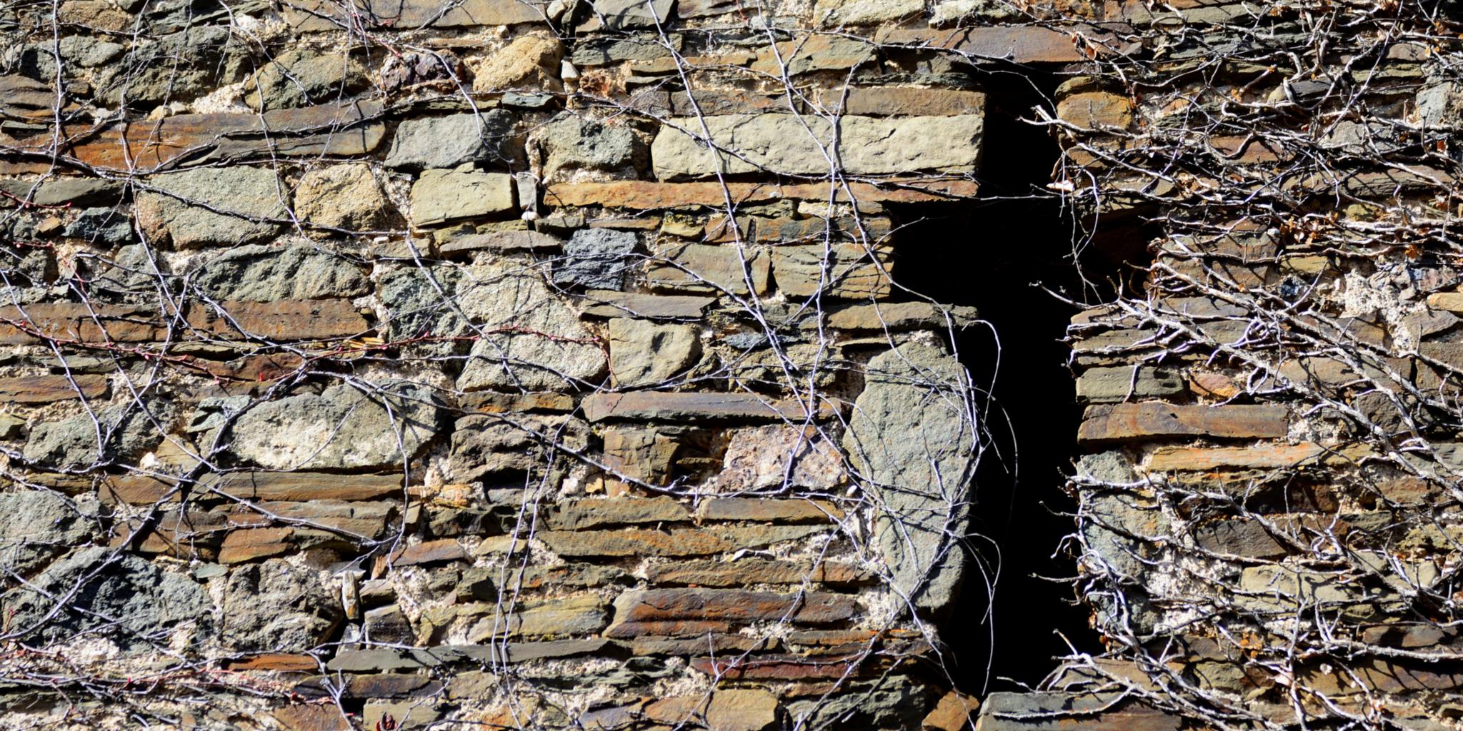 Eine bewachsene Steinmauer, darin ein Loch in Kreuzform.