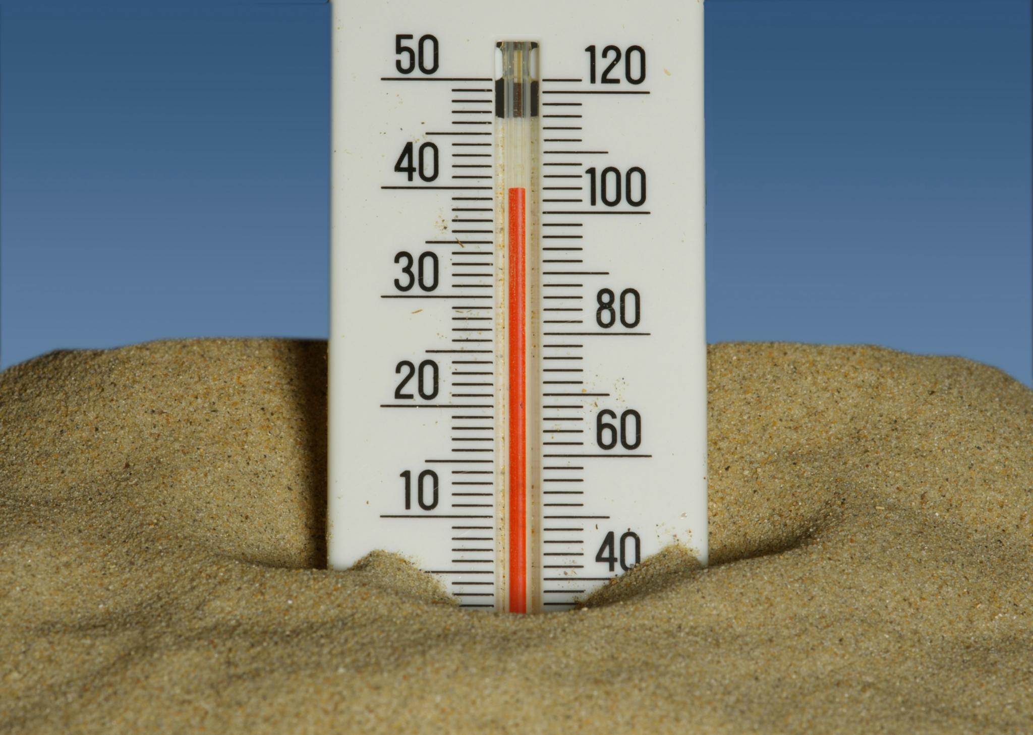 Thermometer, das links nach Celsius, rechts nach Fahrenheit die Temperatur anzeigt.