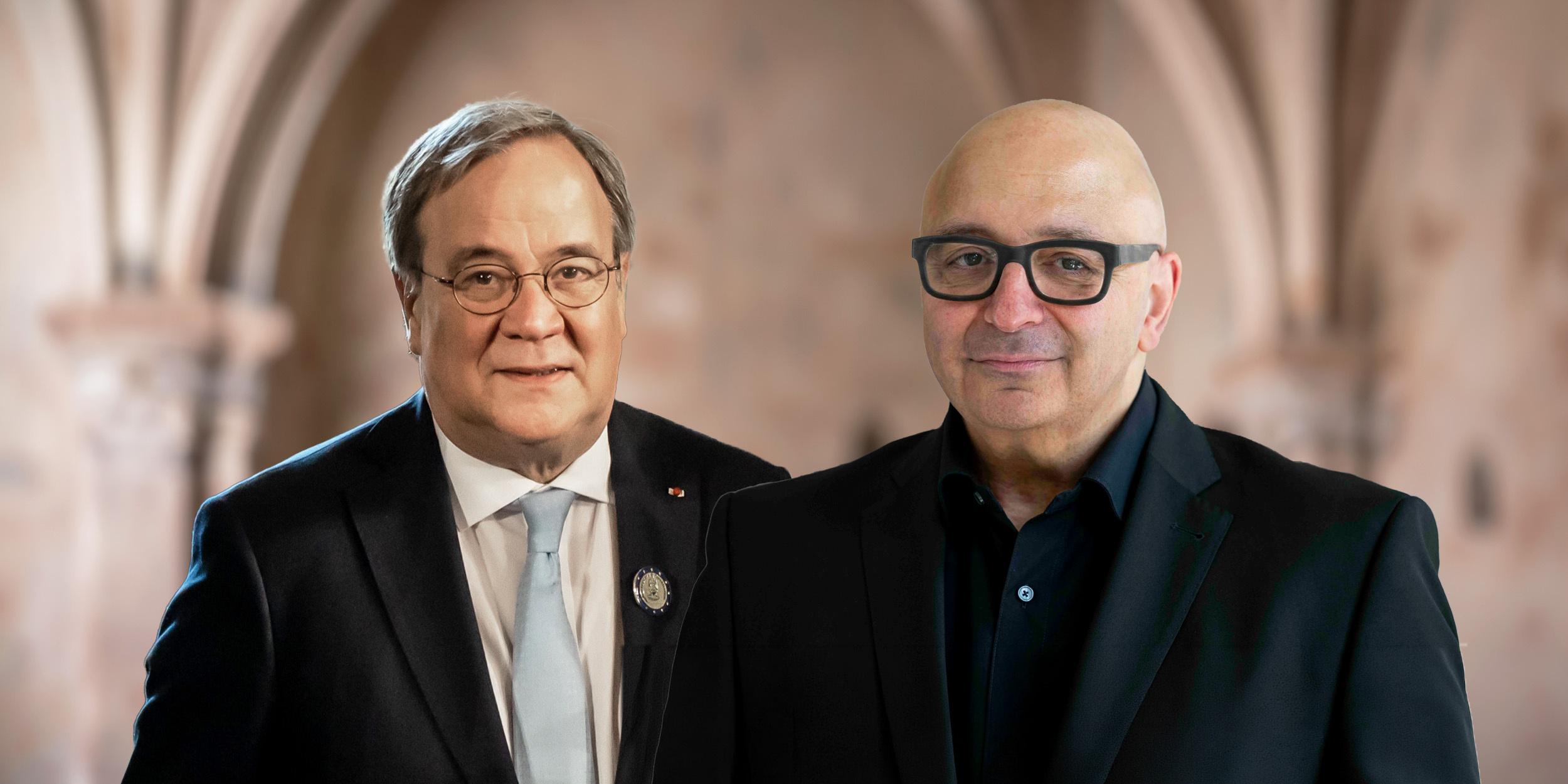 Porträt zweier Männer, links der Politiker Armin Laschet, rechts der Soziologe Armin Nassehi