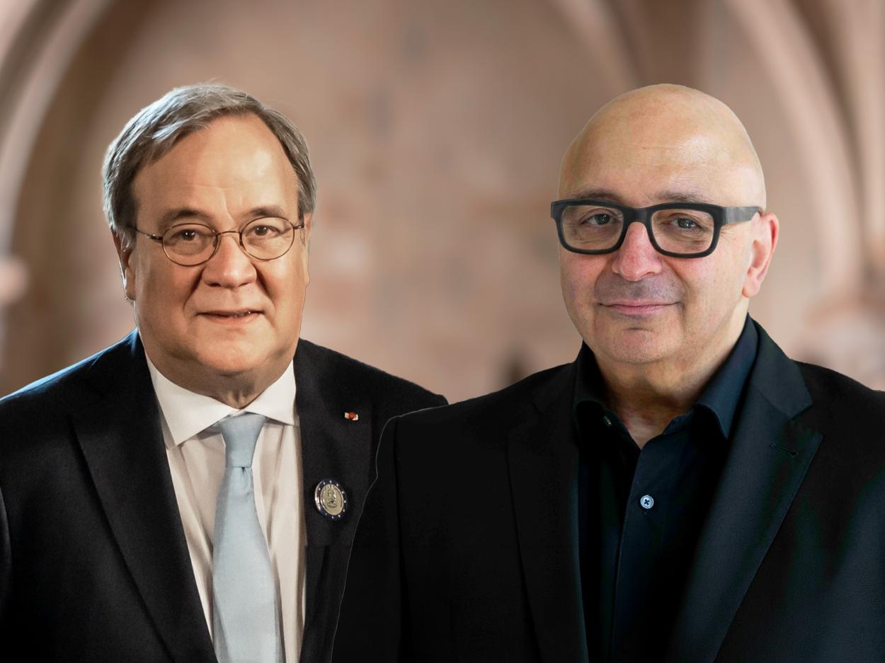 Porträt zweier Männer, links der Politiker Armin Laschet, rechts der Soziologe Armin Nassehi