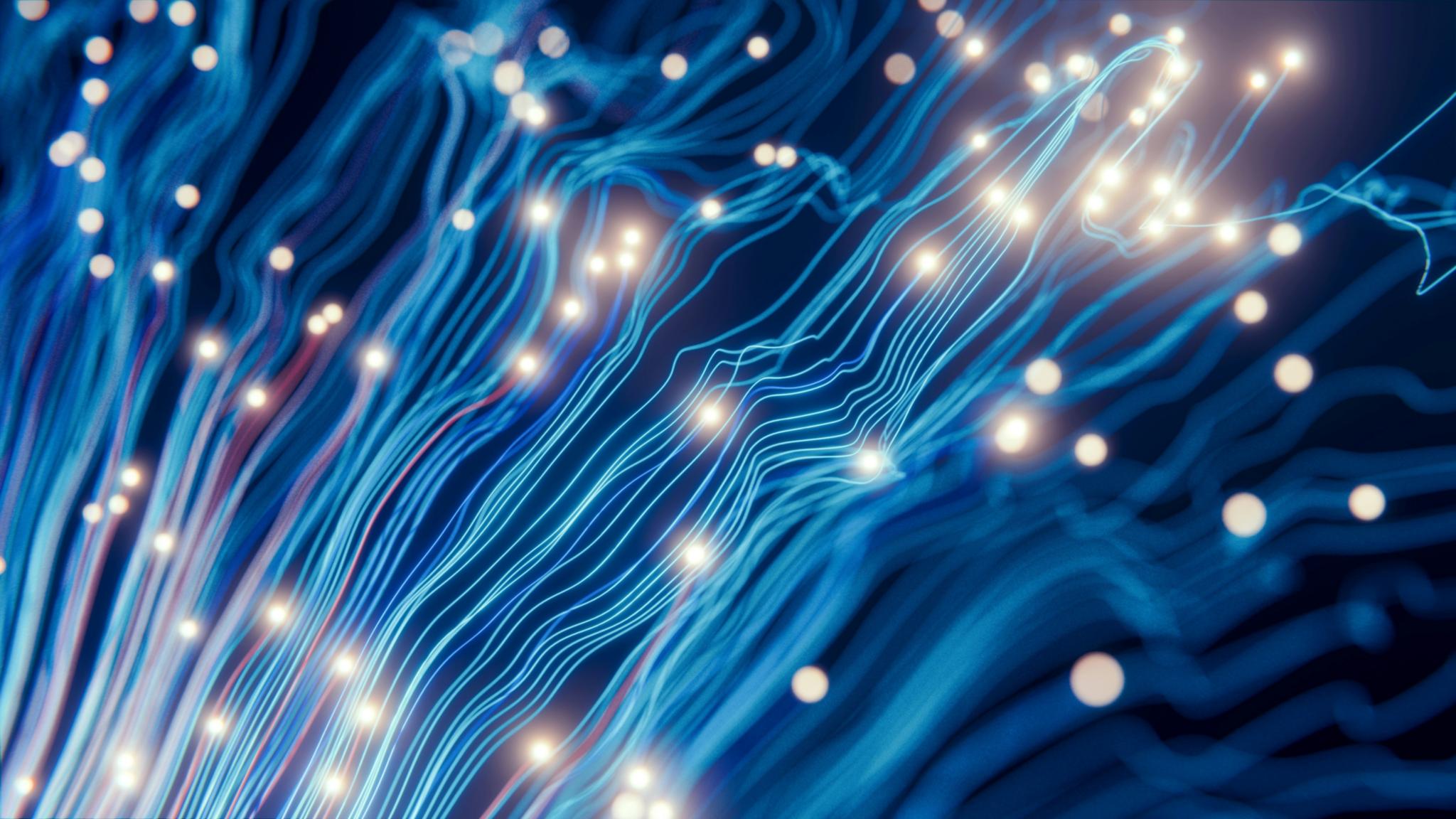 Abstrakte Linien mit Verbindungen und Lichtfunken als Symbolbild für Künstliche Intelligenz.
