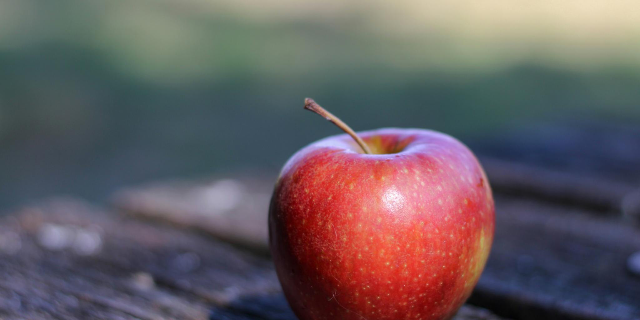 Ein Apfel auf einem Holzsteg.