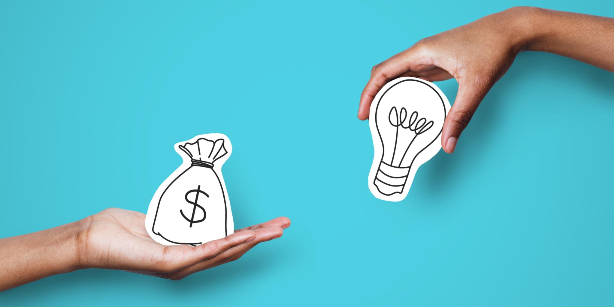 Zwei Hände halten einander etwas hin, die eine einen gezeichneten Sack mit Geld, die andere eine Glühbirne.