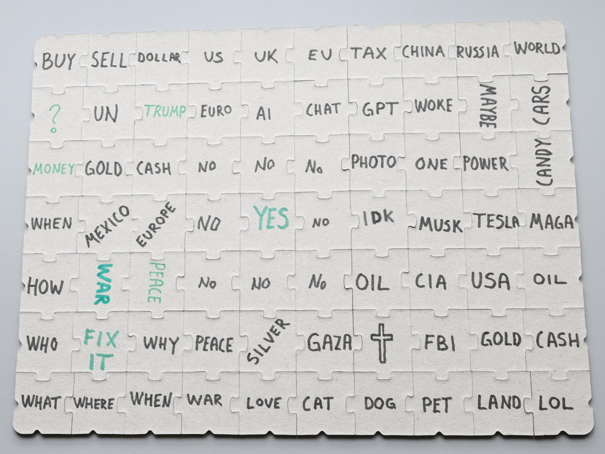 Auf Puzzleteilen stehen Wörter, die aktuell in der Weltlage eine Rolle spielen.