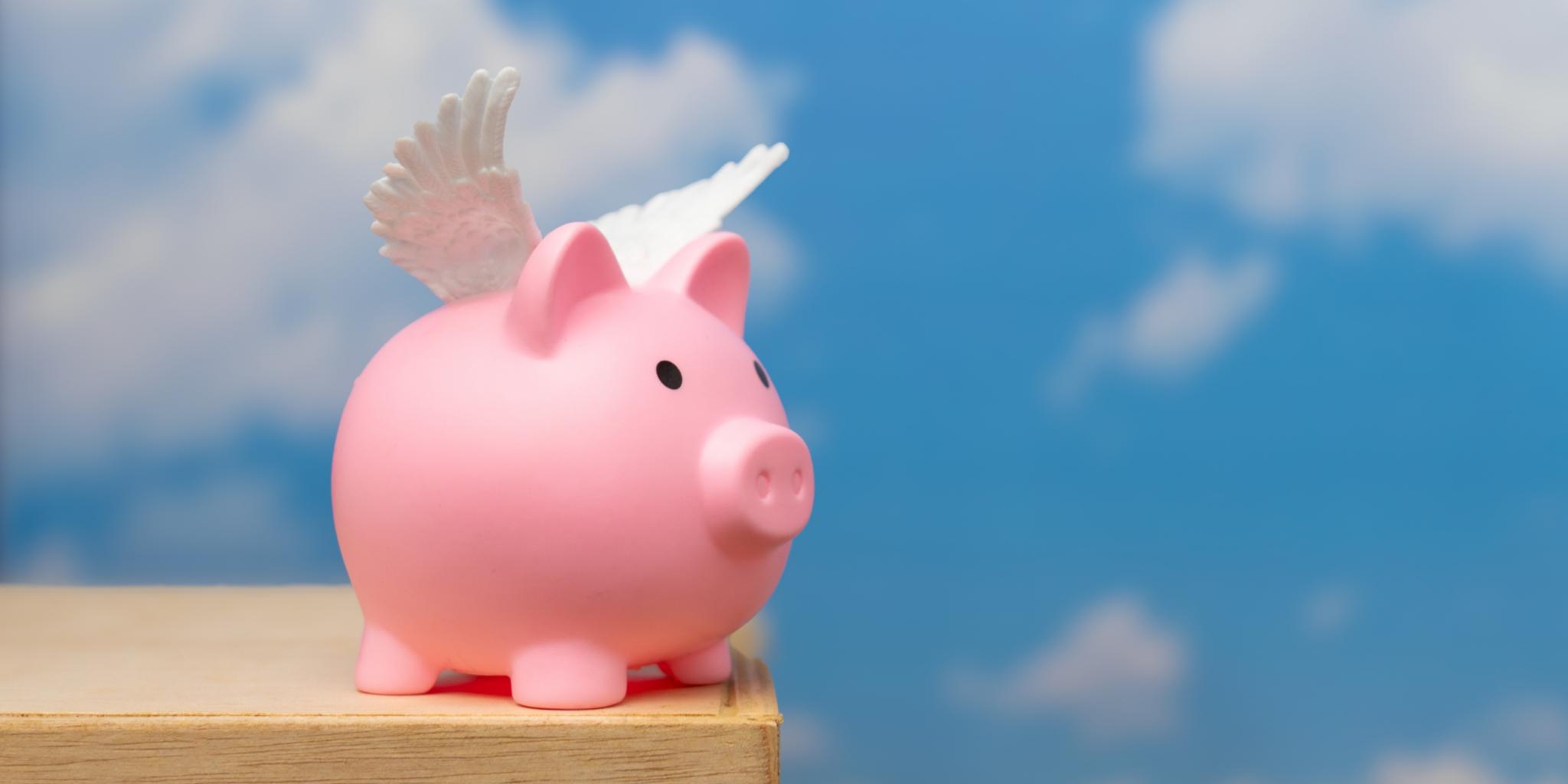 Ein Sparschwein mit Flügeln auf dem Rücken steht auf einem Holzbrett, dahinter der weite Himmel.