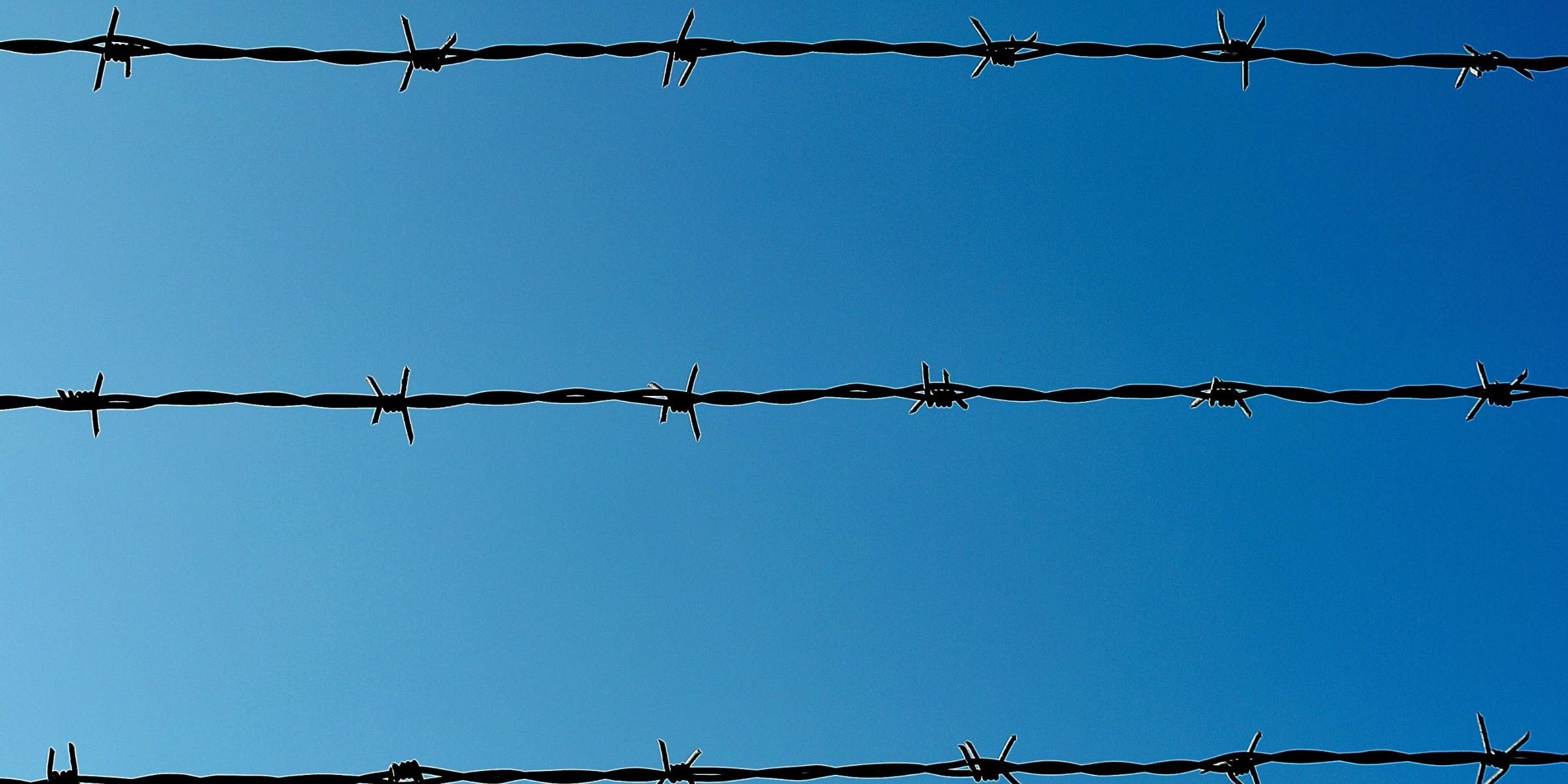 Reihen von Stacheldraht vor offenem Himmel.