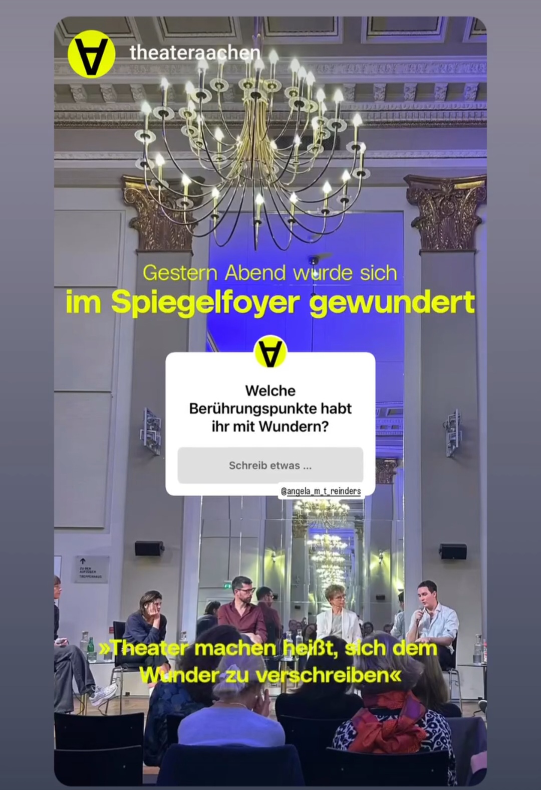 Blick ins Spiegelfoyer im Theater Aachen, Podiumsgespräch mit vier Gästen